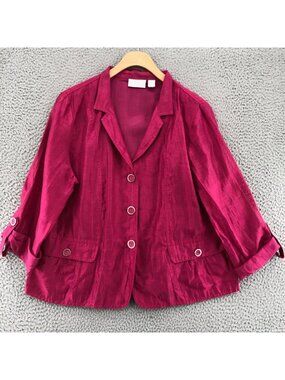 Chicos Blazer Womens 2 US Large Mikhalia Hot Pink Linen Blend 3/4 Sleeve Office